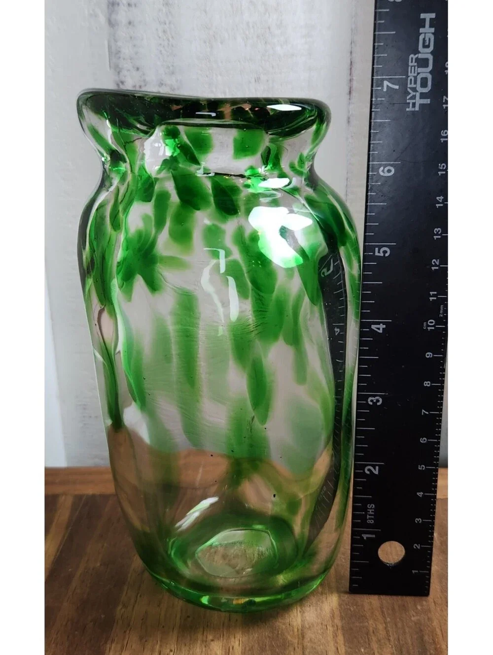 Signed Drew Ackerman '12 Hand Blown Art Glass Vase Clear Green Mottled 7